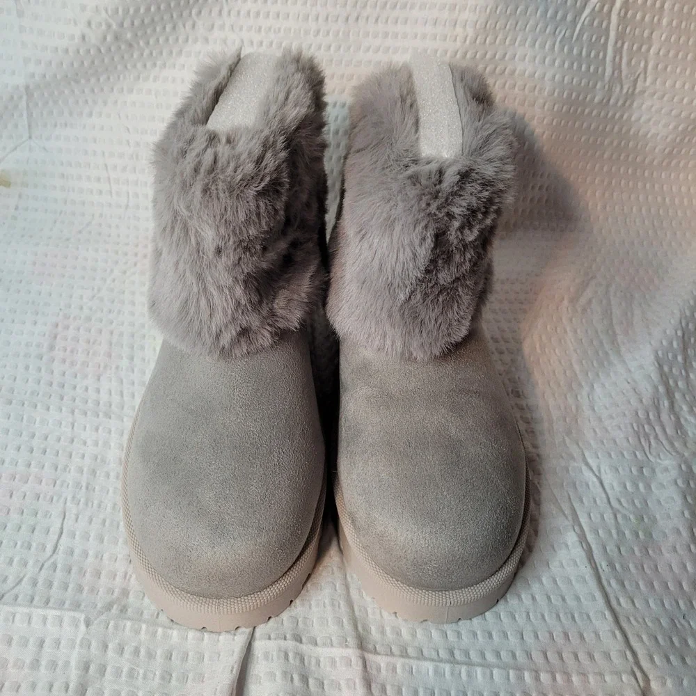 Grey Faux Suede Fur Trim Ankle Boots Lug Sole Platform Winter Boots Size‎ 7.5